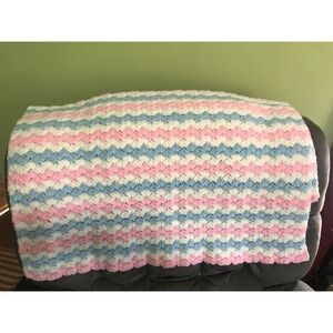 Handmade Crocheted Pastel Pink Blue White Baby Afghan Blanket Throw Soft 42 x 34